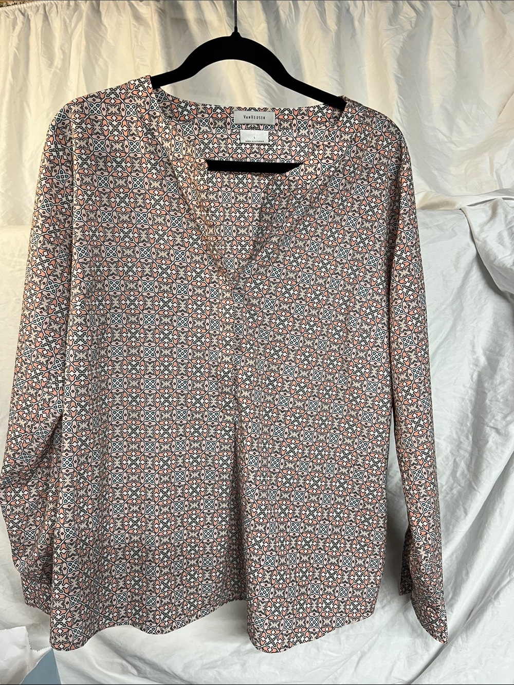 Van Heusen Pink and White Geometric V-Neck Blouse